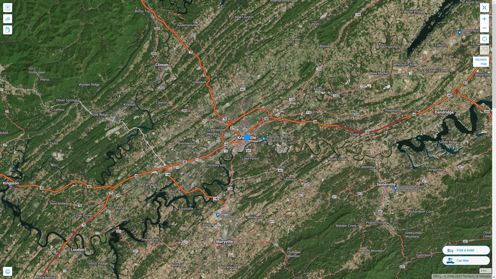 Knoxville Tennessee Highway and Road Map with Satellite View